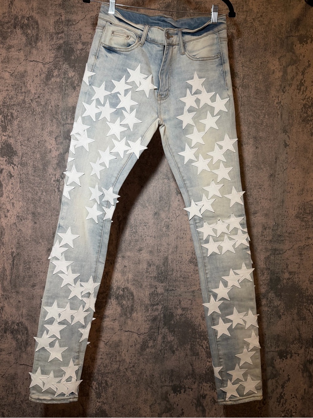 MNML Light Wash Star Appliqué Skinny Jeans - White Stars